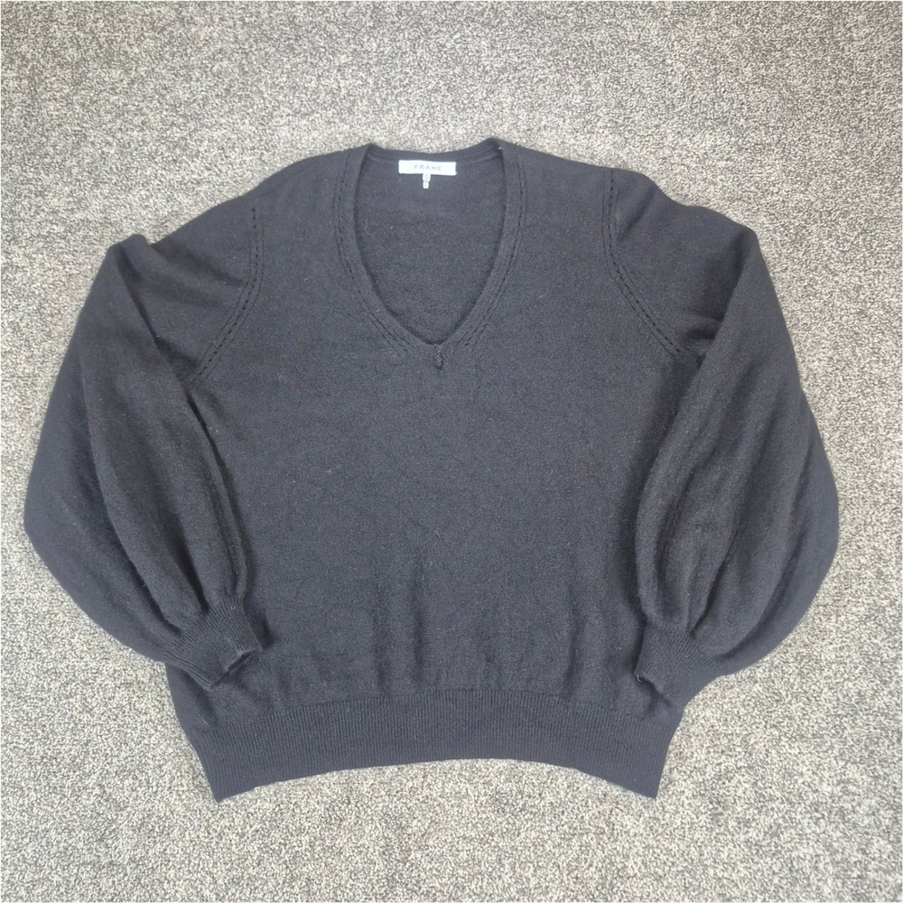 FRAME Cashmere Sweater Womens XL Black Puff Sleeve V-Neck Minimalist